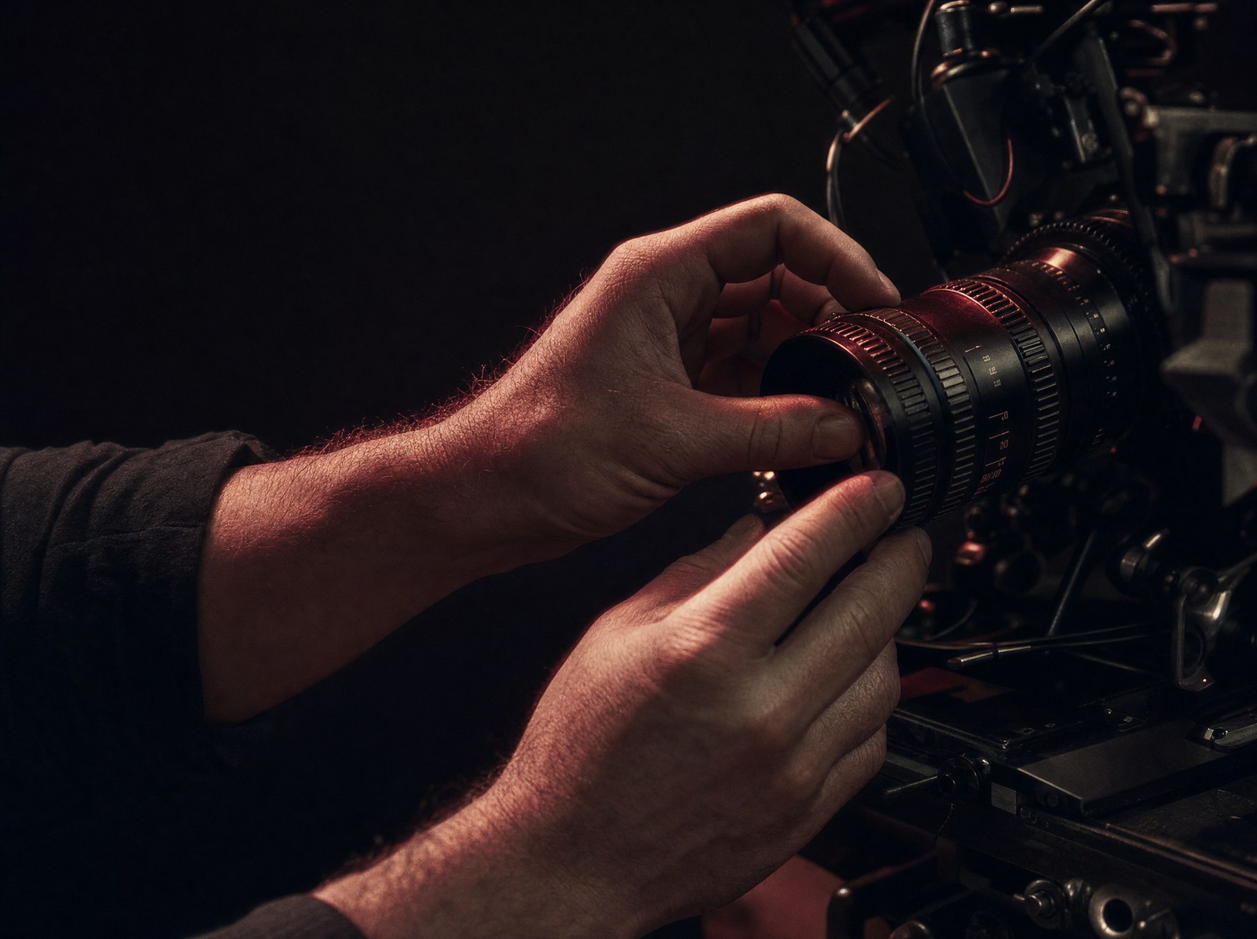 Adjusting the focus ring on a cinema camera lens in a dark studio